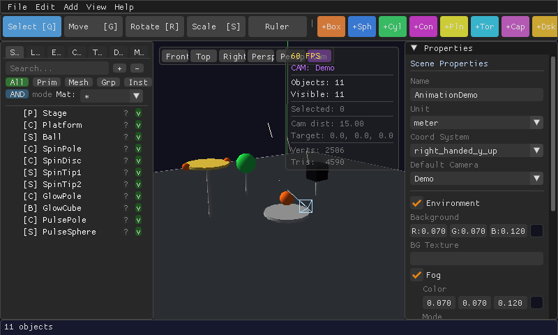 A MeshCraft scene with animated objects: a coiled spring, trees, and a box, set up for keyframe animation.