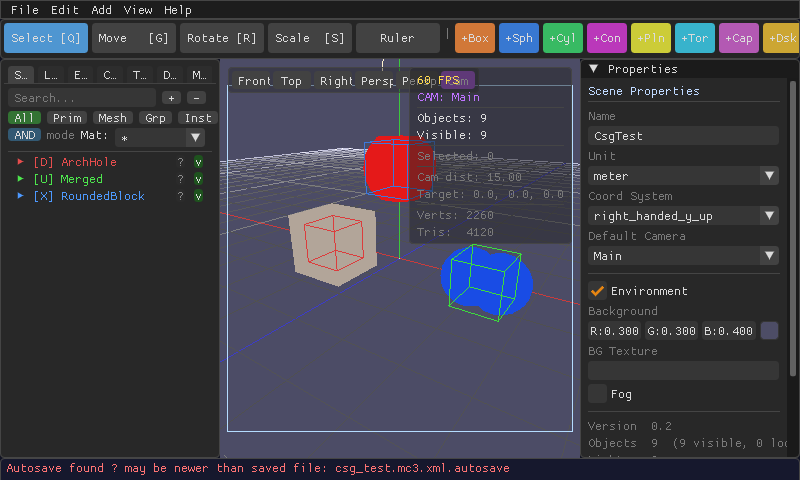 Three overlapping colored boxes in MeshCraft representing CSG union, difference, and intersection operands.