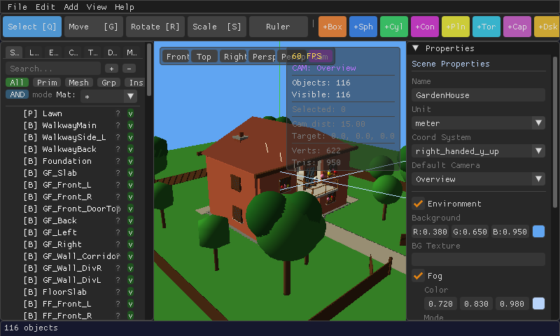 MeshCraft editor showing a garden house scene with trees, a walkway, and a properties panel open on the right.