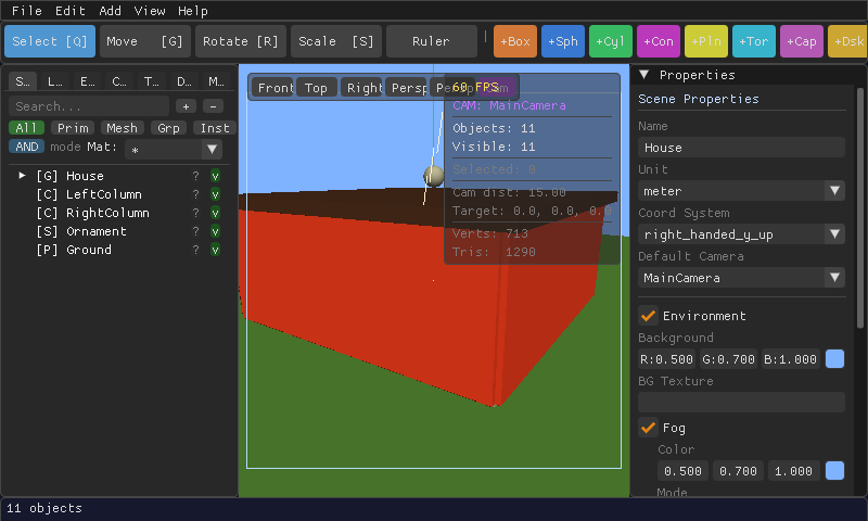 The MeshCraft editor's Properties panel showing Scene Properties: name, unit, coordinate system, default camera, environment background color and fog.