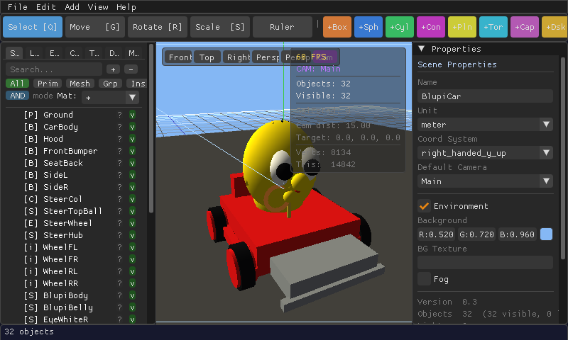 A stylized cartoon car with a round character behind the wheel, built entirely from MeshCraft primitives.
