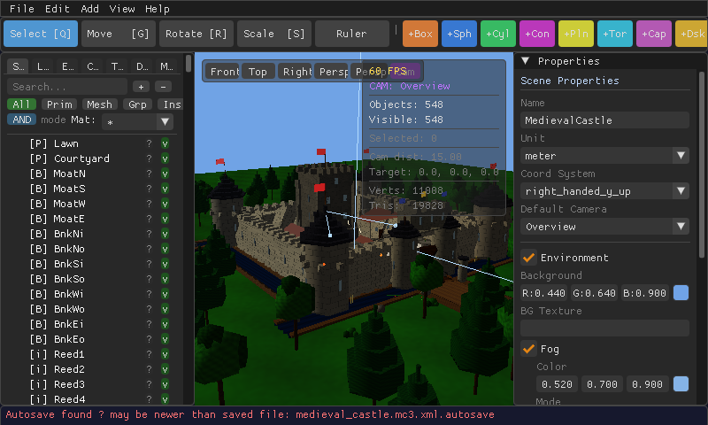 A large medieval castle scene in MeshCraft with towers, a moat, flags, and trees — 548 objects.
